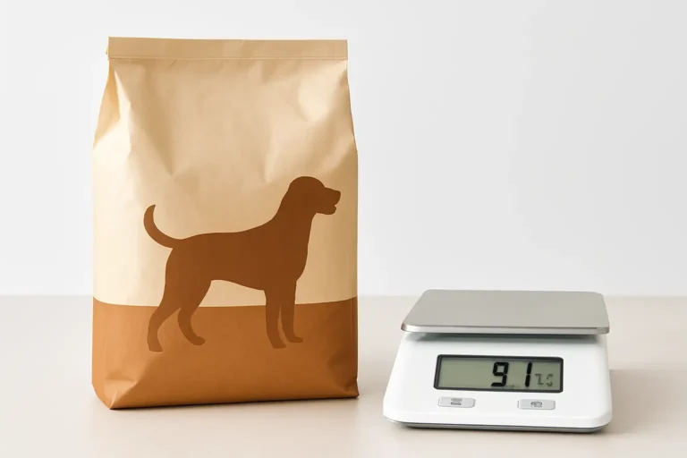 Balance affichant environ 9,1 kg à côté d’un sac d’alimentation pour animaux
