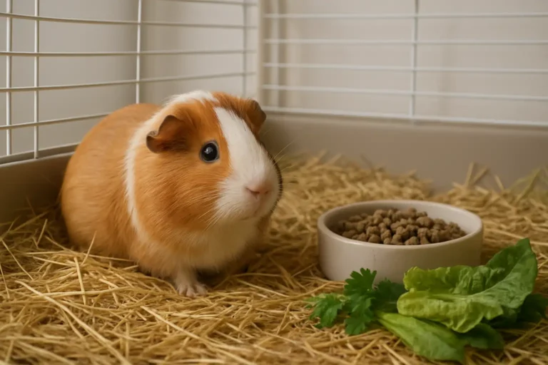 Cochon d’Inde avec foin, granulés et légumes frais dans un habitat propre
