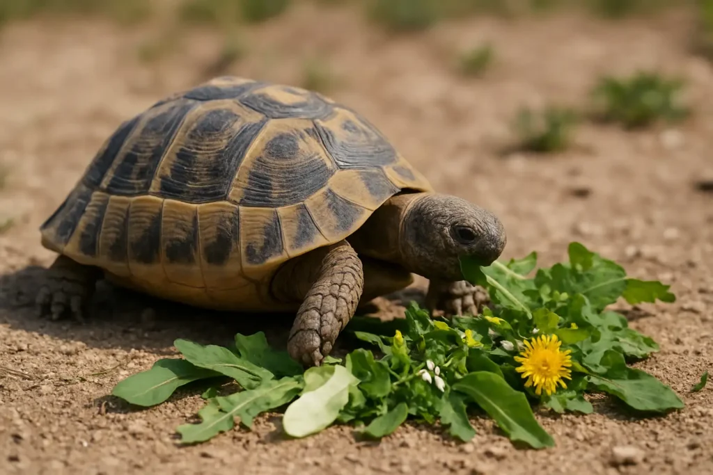 Tortue Hermann mangeant des feuilles et plantes adaptées dans un enclos naturel