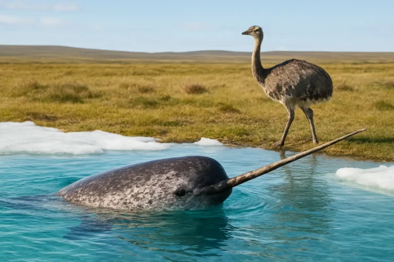 Narval dans l’eau et nandou dans un paysage naturel, illustration d’animaux commençant par N