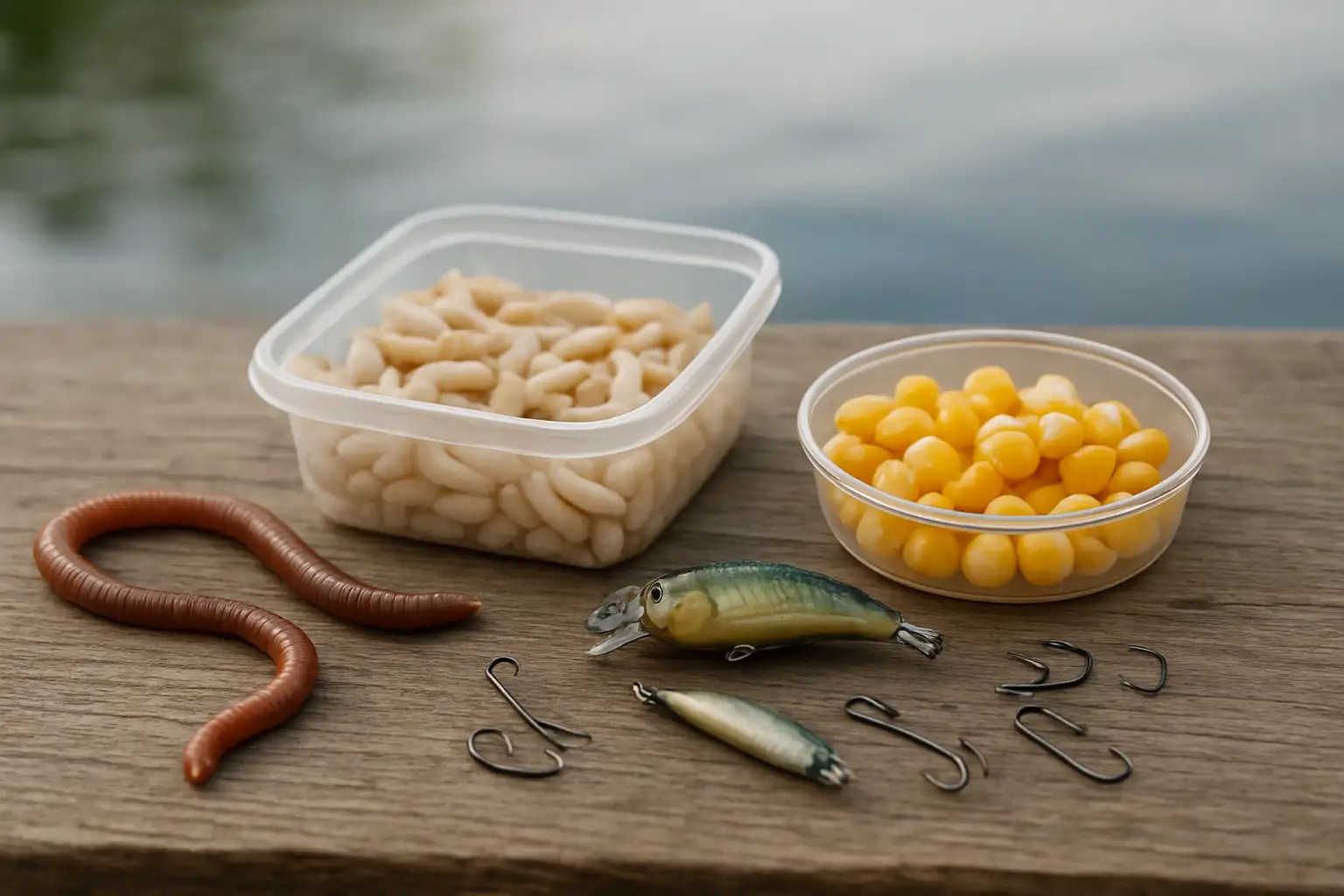 Assortiment d’appâts de pêche naturels et artificiels sur une table au bord de l’eau