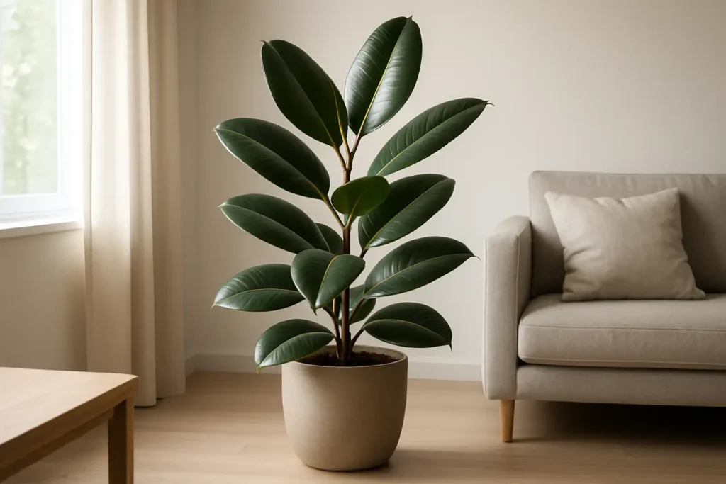 Arbre caoutchouc en pot avec grandes feuilles brillantes dans un salon lumineux