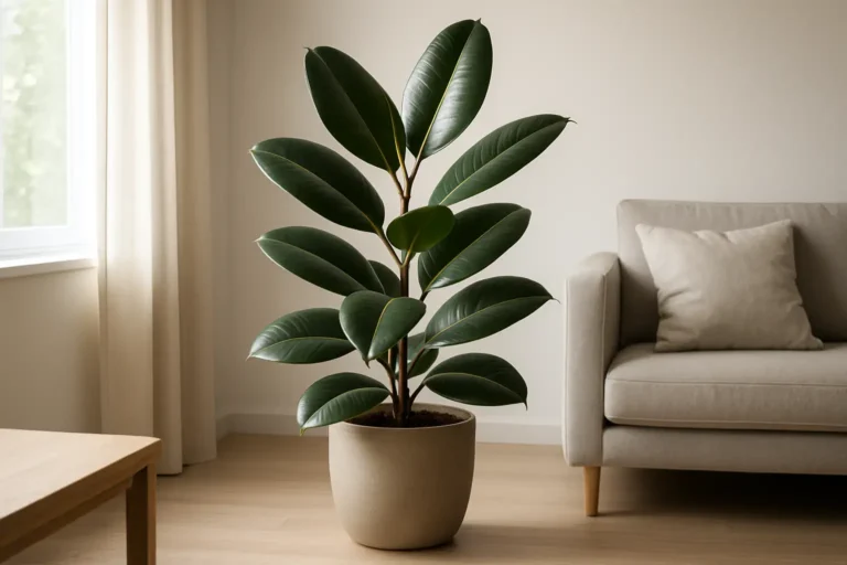 Arbre caoutchouc en pot avec grandes feuilles brillantes dans un salon lumineux