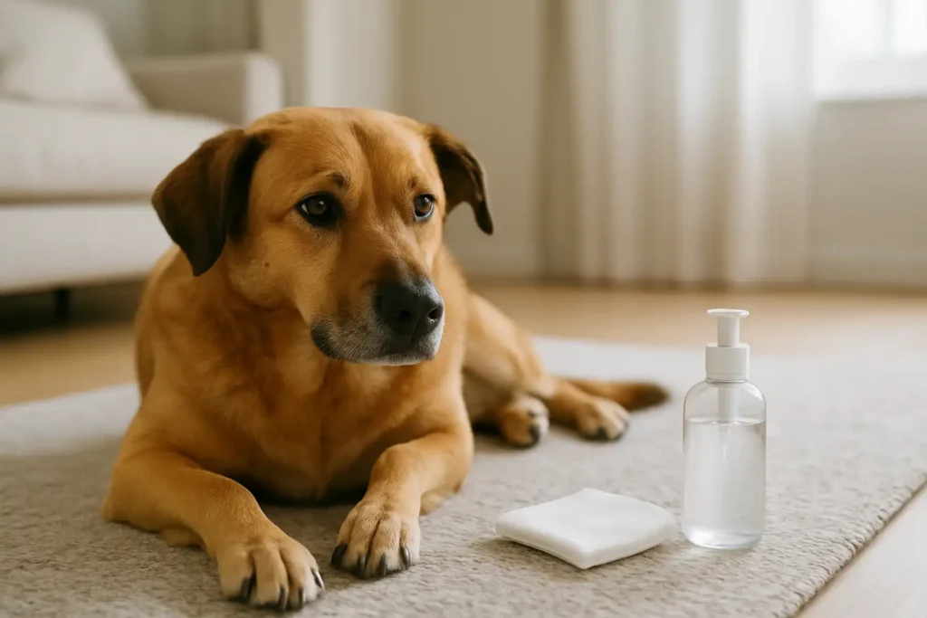 Chien allongé à côté d’un flacon de soin liquide pour usage externe