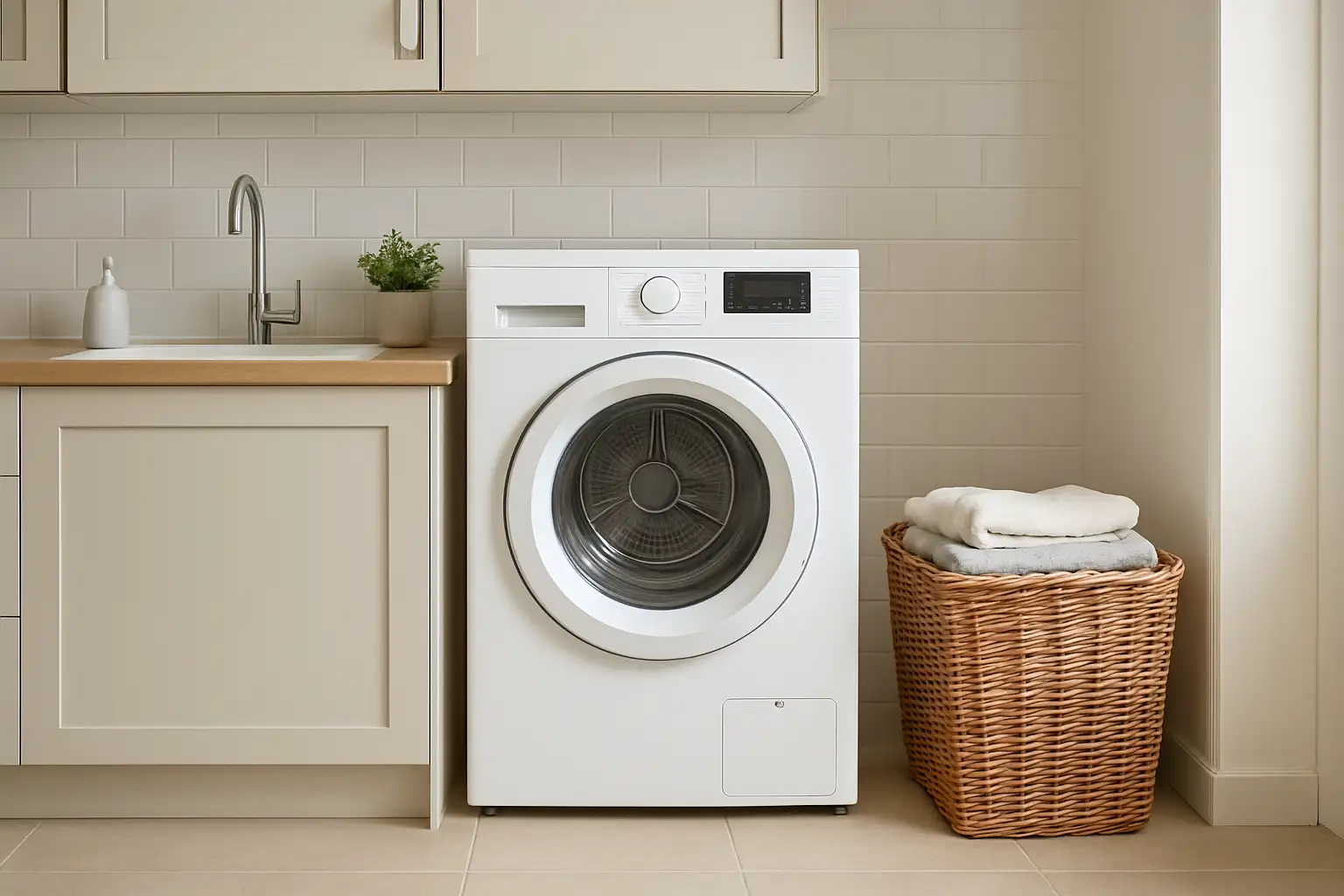 Lave-linge séchant moderne dans une petite buanderie