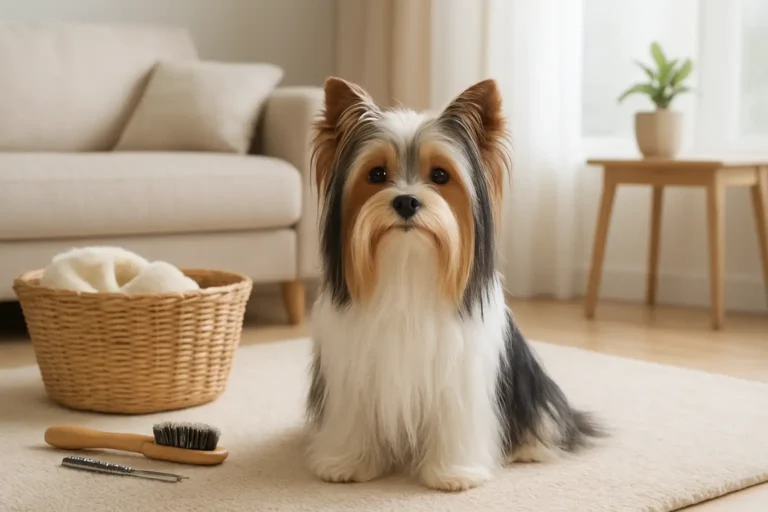 Petit Biewer Terrier au pelage long et soyeux dans un intérieur lumineux