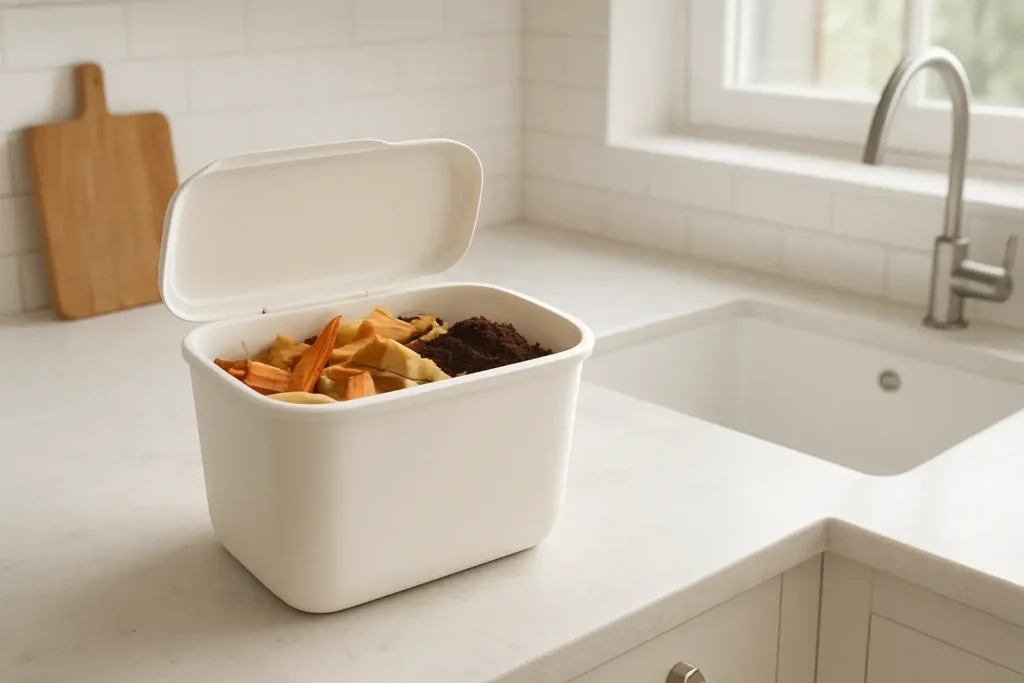 Bioseau de cuisine posé sur un plan de travail avec des biodéchets à l’intérieur