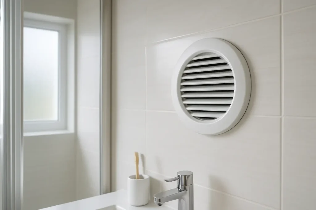 Bouche de VMC dans une salle de bains moderne, illustration d’un système de ventilation à ne pas boucher