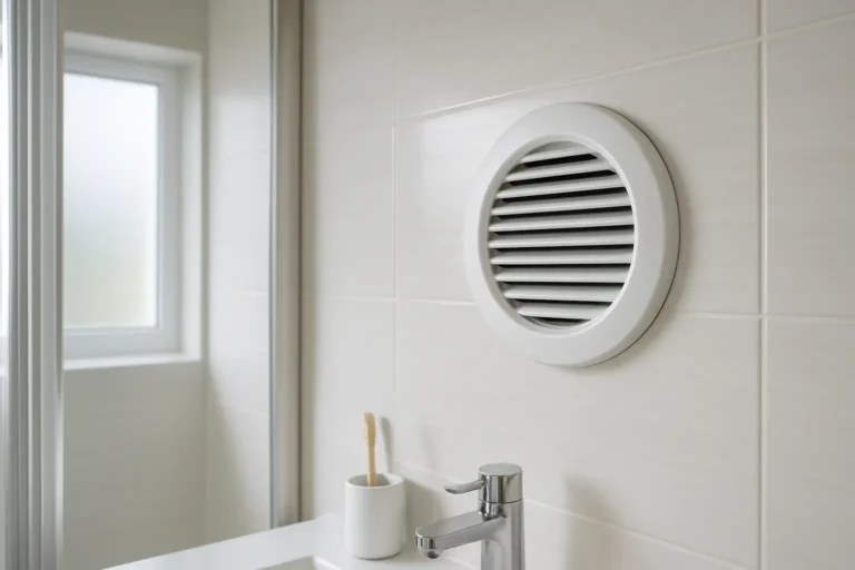 Bouche de VMC dans une salle de bains moderne, illustration d’un système de ventilation à ne pas boucher