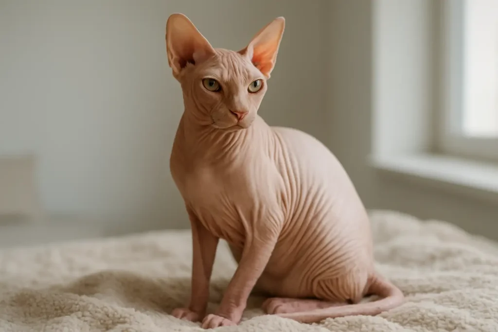 Chat sans poils de type Sphynx assis sur un plaid dans un intérieur lumineux
