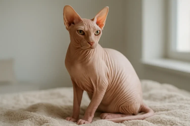 Chat sans poils de type Sphynx assis sur un plaid dans un intérieur lumineux