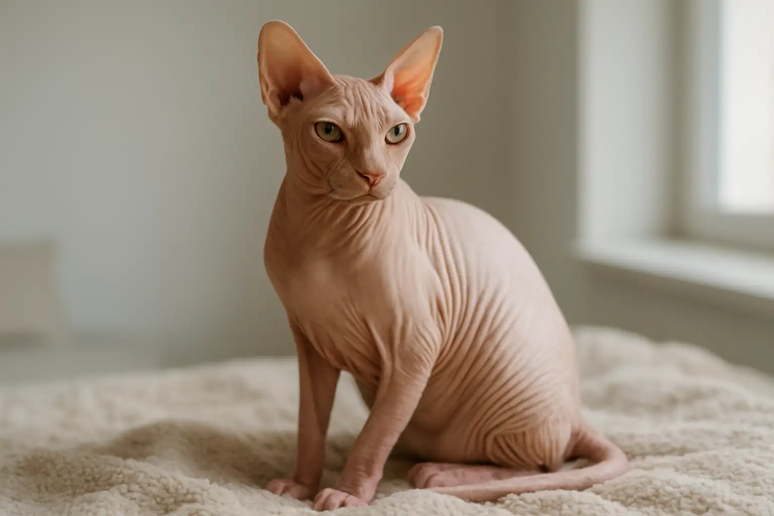 Chat sans poils de type Sphynx assis sur un plaid dans un intérieur lumineux