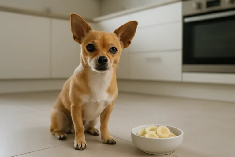 Petit chien à côté d’une gamelle contenant des rondelles de banane nature