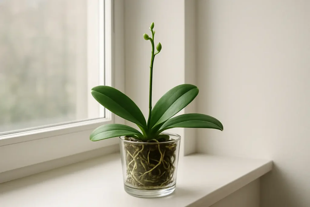 Orchidée Phalaenopsis en pot sur un rebord de fenêtre lumineux, avec une hampe florale en croissance