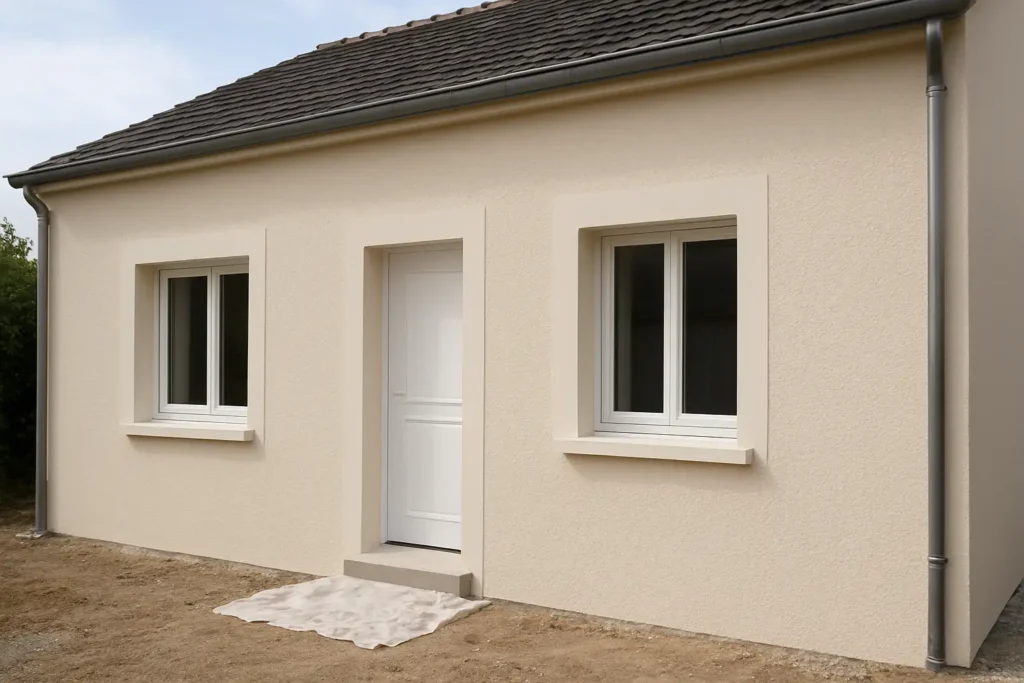 Façade de maison avec crépi extérieur neuf et finition texturée
