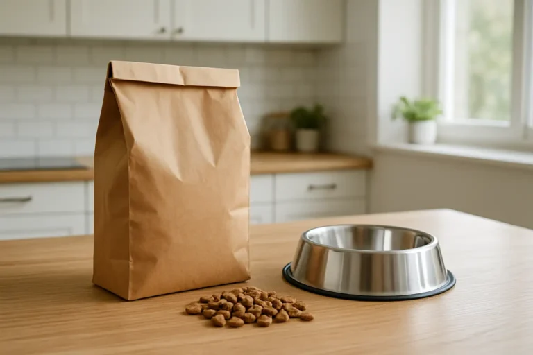 Sac de croquettes pour chien avec une gamelle dans une cuisine lumineuse