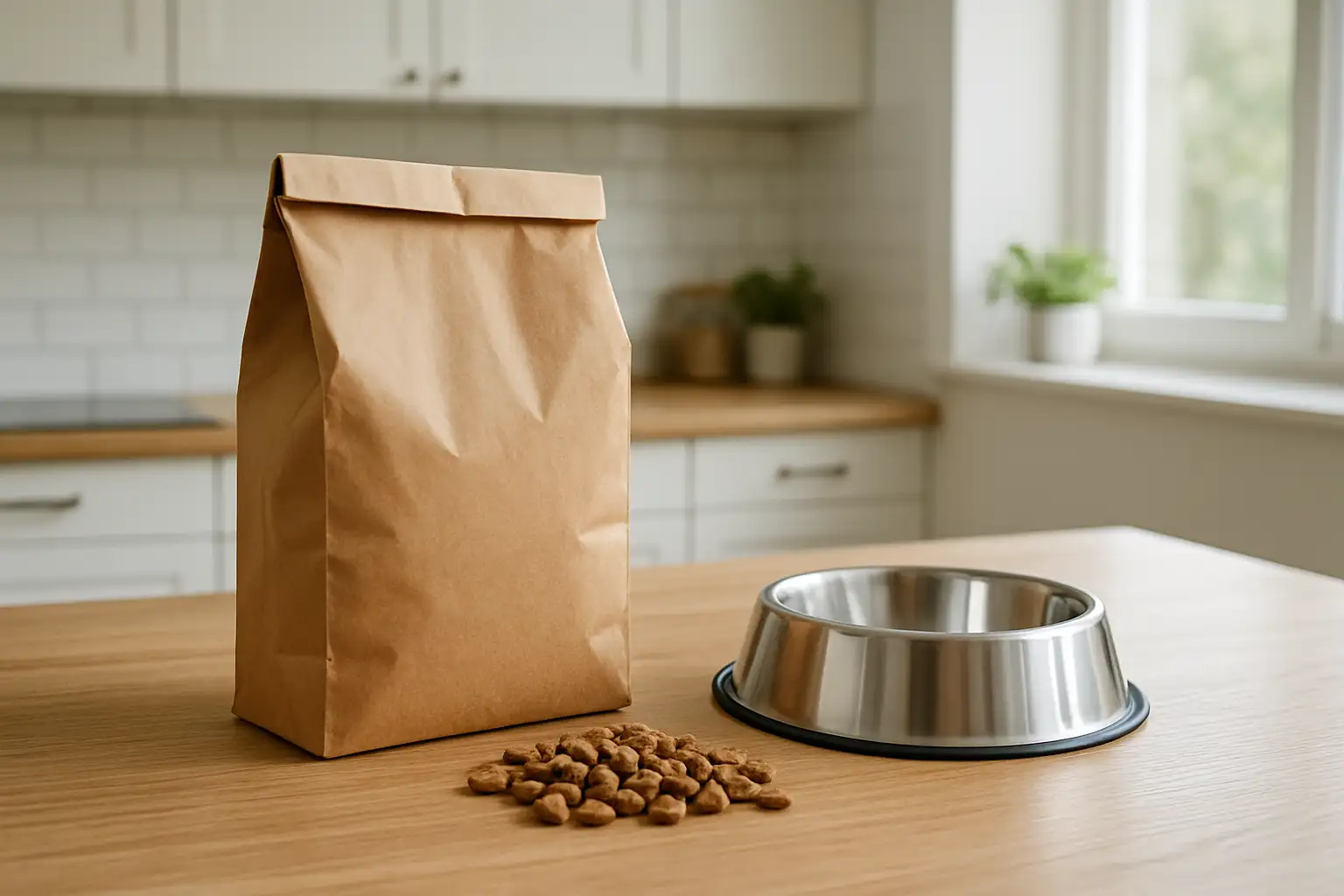 Sac de croquettes pour chien avec une gamelle dans une cuisine lumineuse