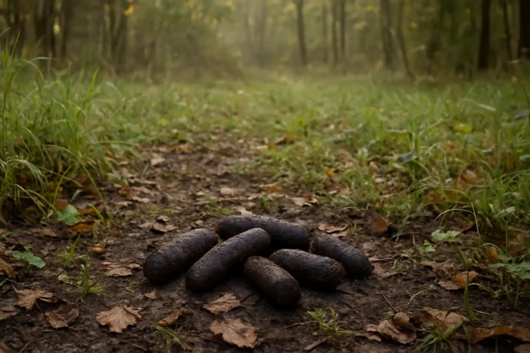 Plusieurs crottes de blaireau dans une latrine en lisière de forêt