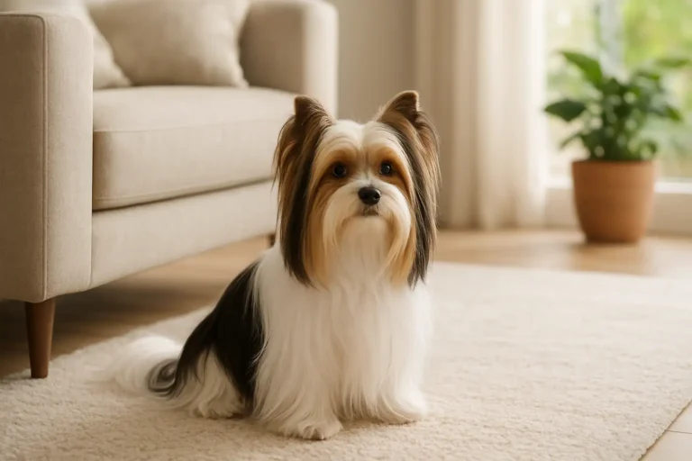 Petit chien Biewer Terrier au pelage long et soyeux dans un intérieur lumineux