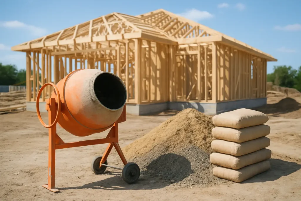 Bétonnière avec mélange sable gravier et sacs de ciment sur un chantier de maison