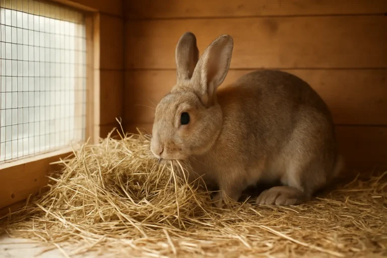 Lapine domestique préparant son nid dans un clapier avec du foin