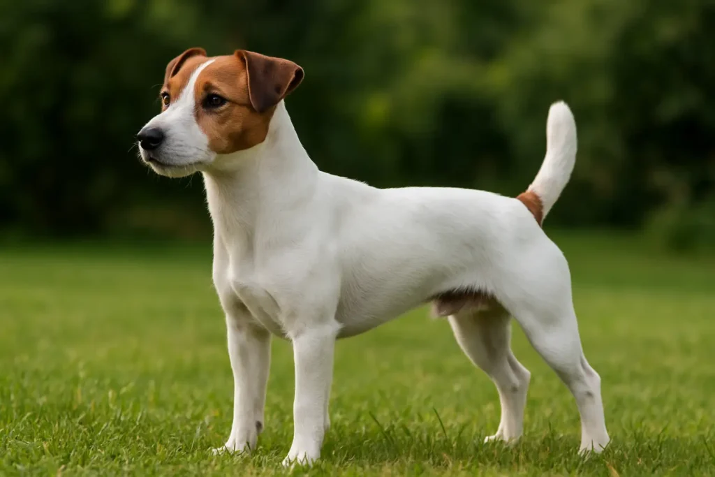 Parson Russell Terrier blanc et feu debout dans un jardin