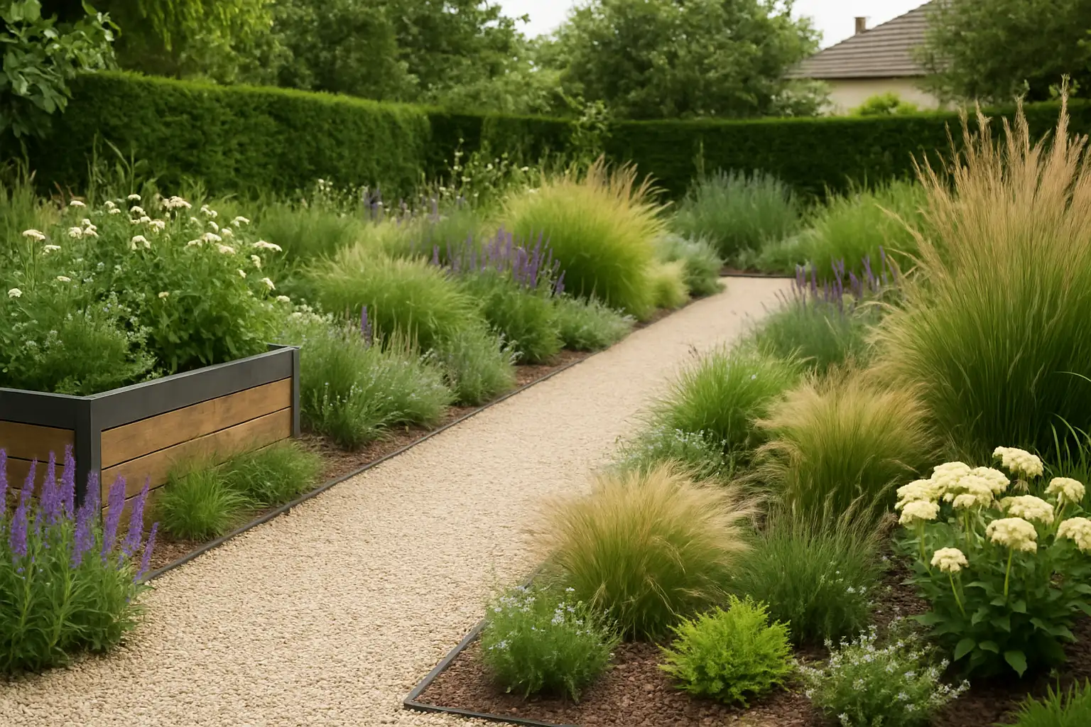 Jardin moderne avec massifs structurés, allée en graviers et arrosage goutte-à-goutte