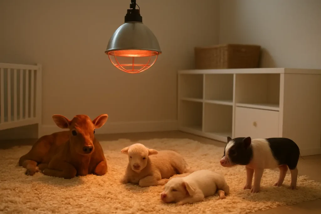 Lampe infrarouge suspendue dans un espace de repos pour jeunes animaux