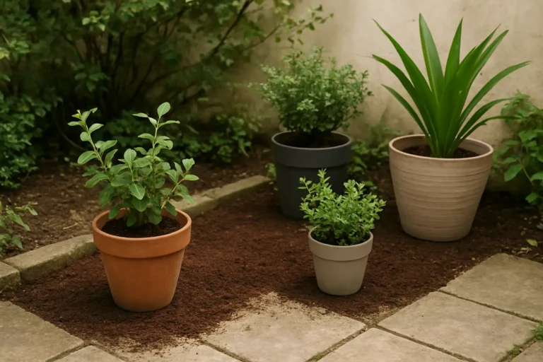 Marc de café sec déposé au pied de plantes en pot dans un jardin