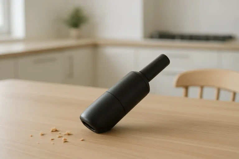Mini aspirateur sans fil compact posé dans une cuisine moderne avec quelques miettes à nettoyer