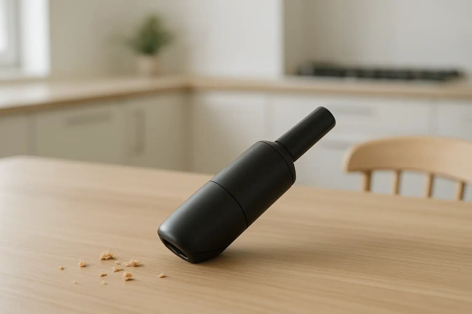 Mini aspirateur sans fil compact posé dans une cuisine moderne avec quelques miettes à nettoyer
