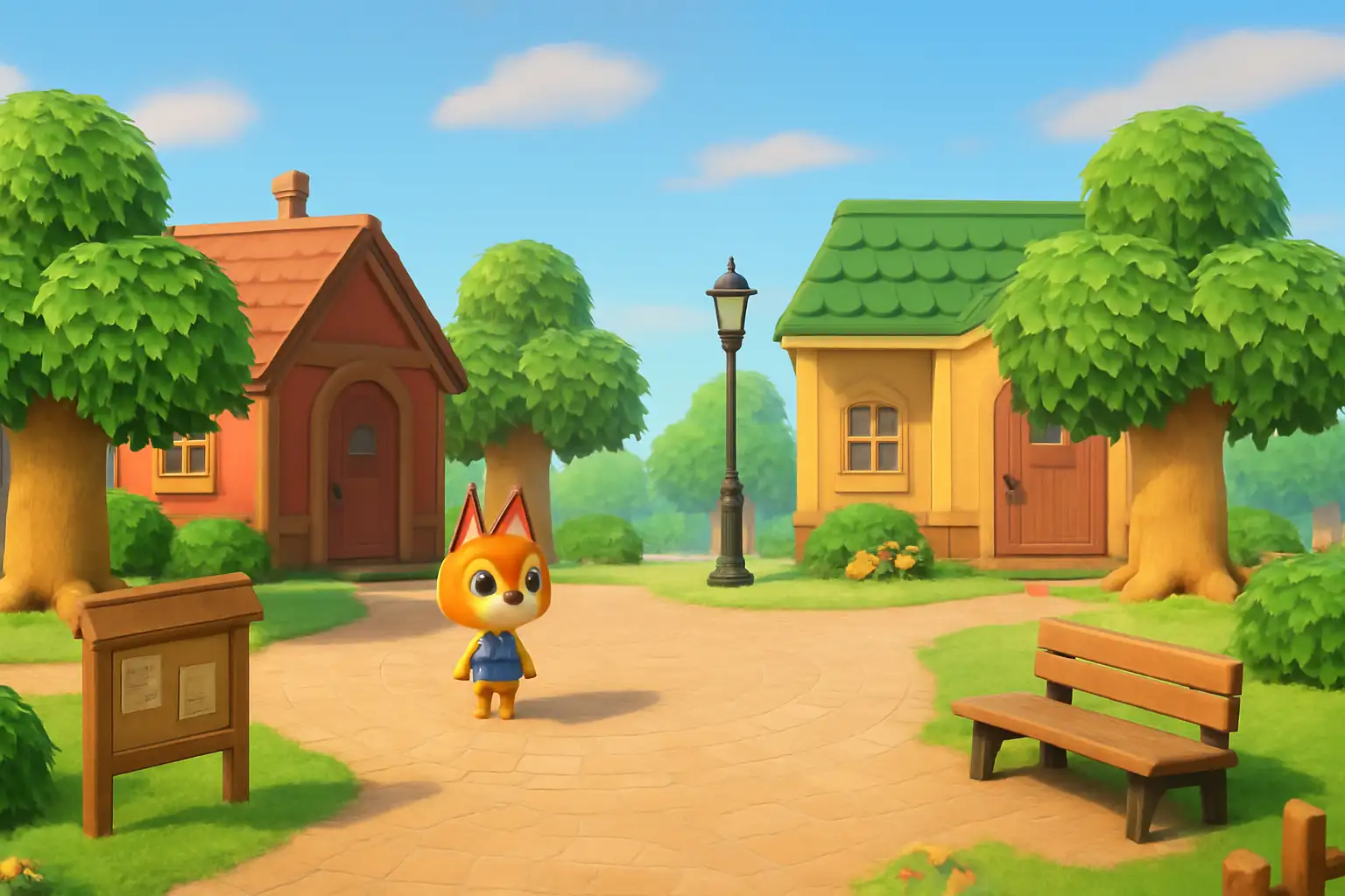 Scène de village inspirée d’Animal Crossing avec un personnage anthropomorphe et des maisons colorées