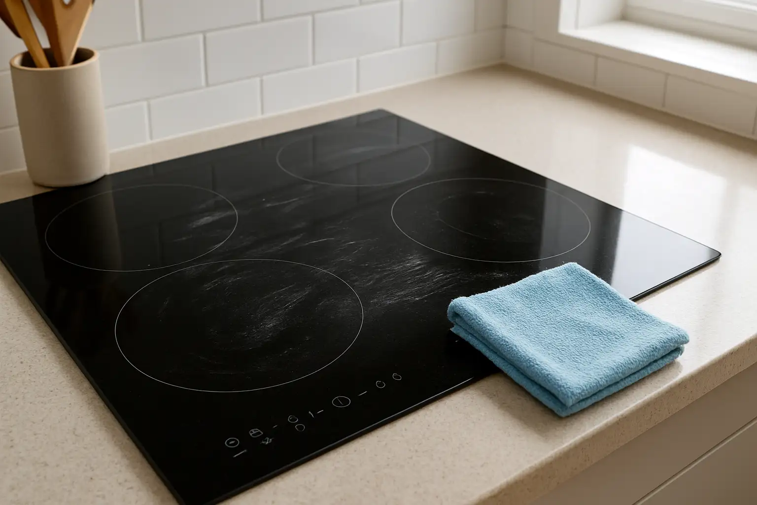 Plaque induction moderne nettoyée avec un chiffon microfibre dans une cuisine lumineuse