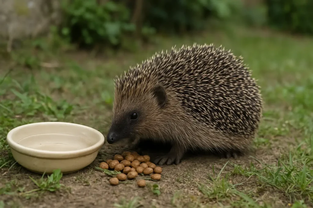 Un hérisson sauvage mangeant des croquettes près d’une coupelle d’eau dans un jardin