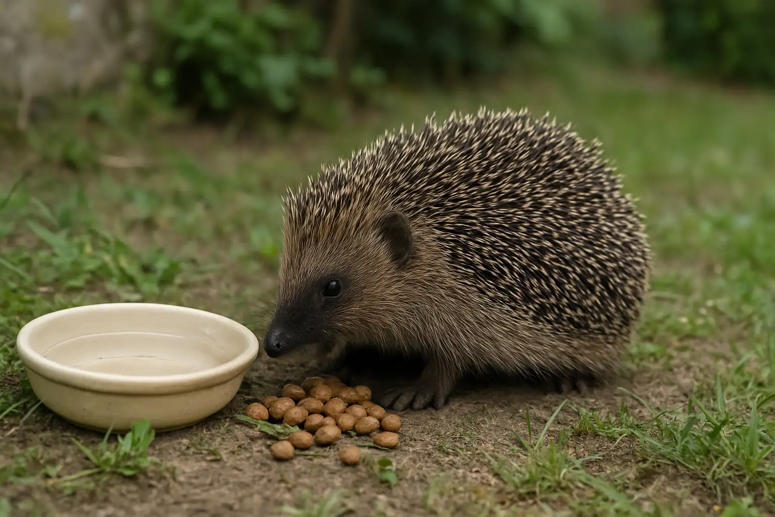 Un hérisson sauvage mangeant des croquettes près d’une coupelle d’eau dans un jardin