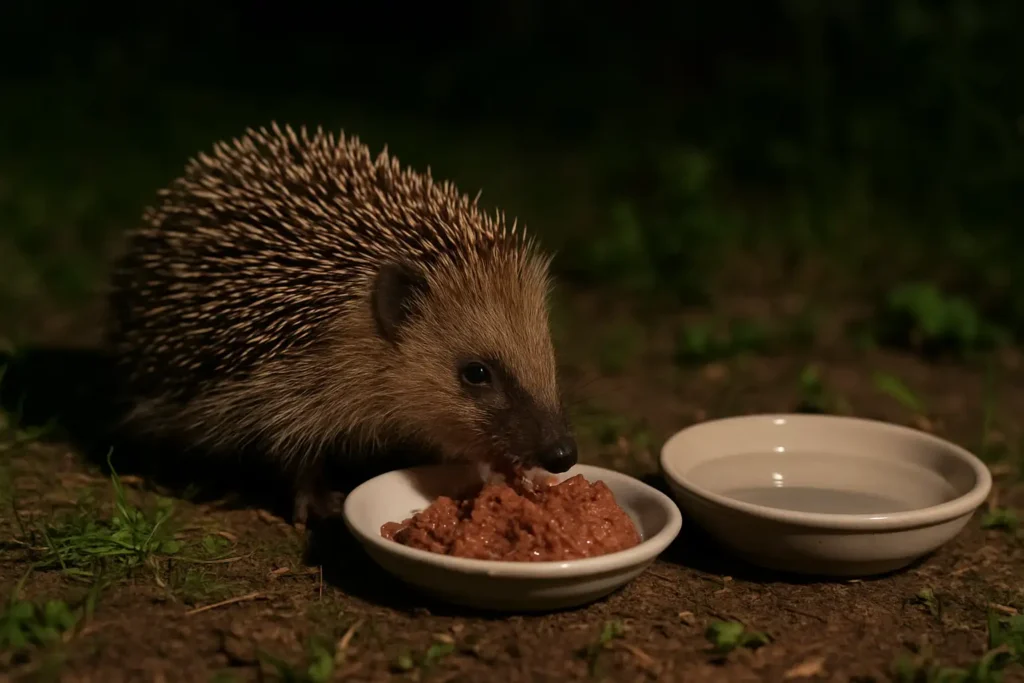 Un hérisson sauvage mangeant une petite portion de pâtée pour chat dans un jardin, avec une coupelle d’eau à côté