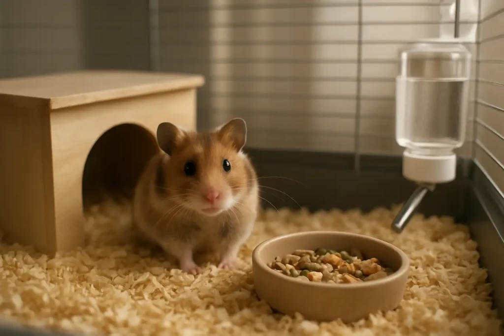 Petit rongeur de compagnie dans une cage propre avec litière, cachette et gamelle