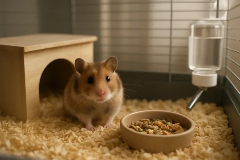 Petit rongeur de compagnie dans une cage propre avec litière, cachette et gamelle