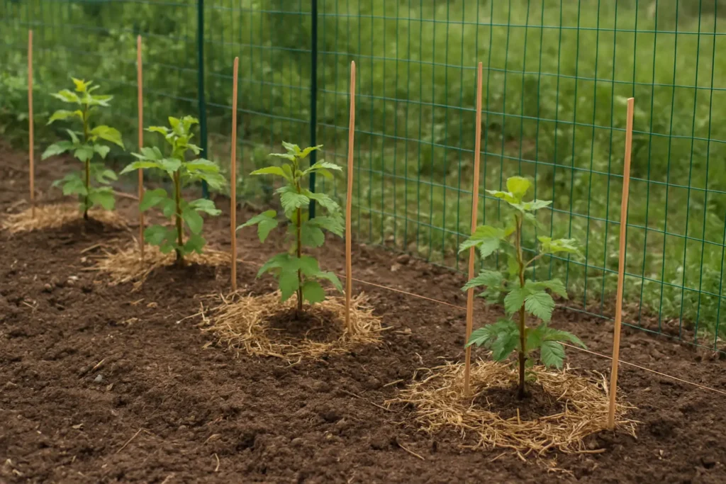 Jeunes framboisiers fraîchement plantés dans un jardin avec paillage et support
