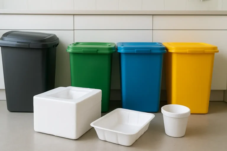 Objets en polystyrène à trier près de bacs de déchets et d’une poubelle