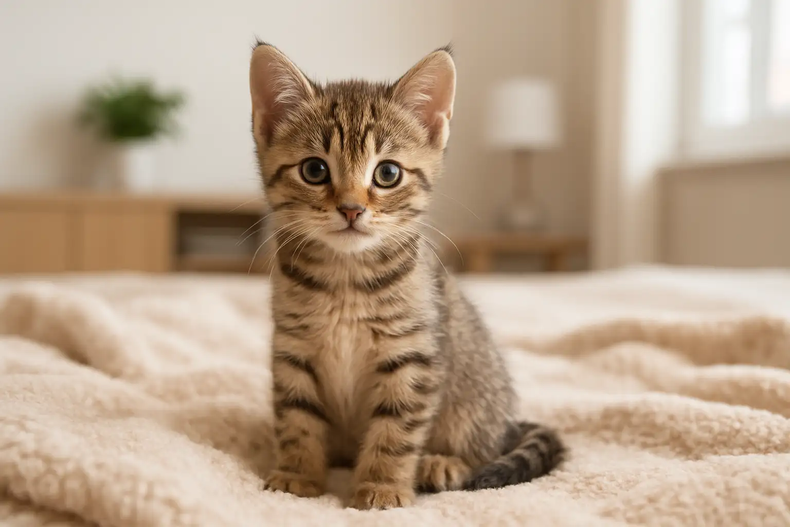 Petit chaton femelle tigré clair assis sur un plaid doux dans un intérieur lumineux
