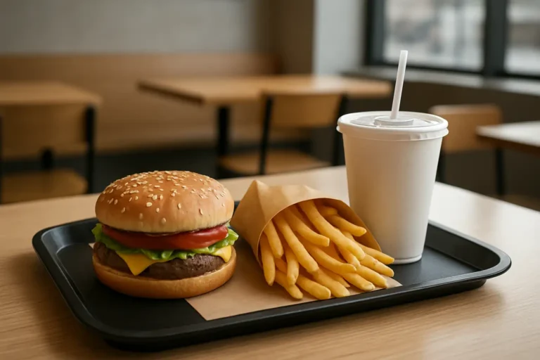 Plateau de menu fast-food avec burger, frites et boisson dans un restaurant moderne