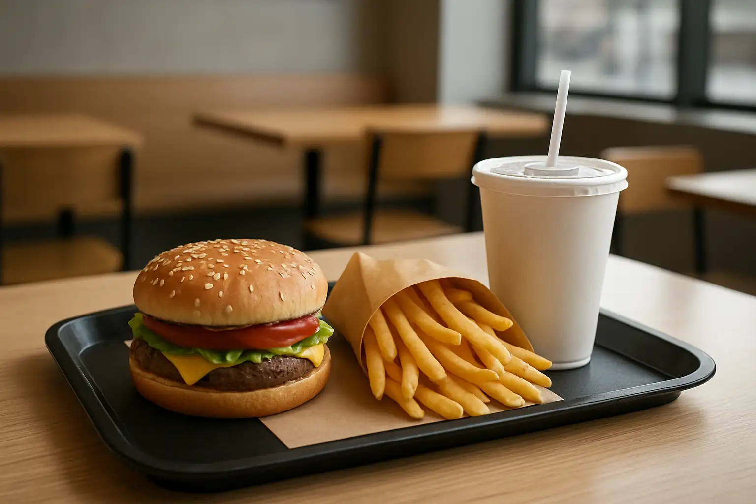 Plateau de menu fast-food avec burger, frites et boisson dans un restaurant moderne