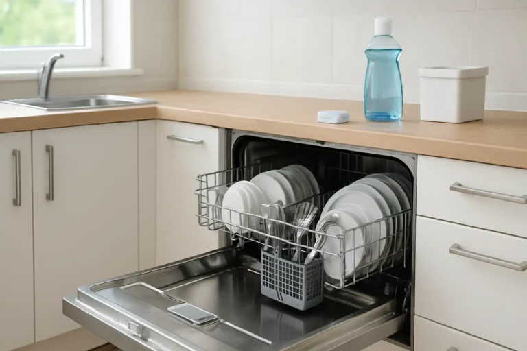 Lave-vaisselle ouvert avec tablette, liquide de rinçage et sel régénérant dans une cuisine moderne