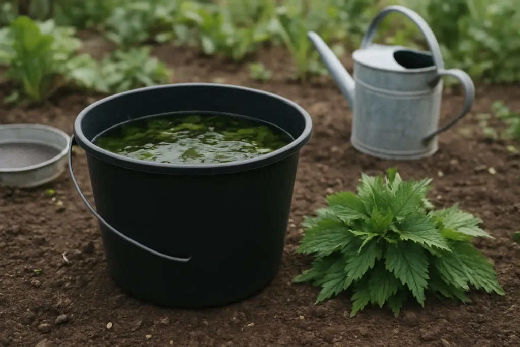 Seau de purin d’ortie en préparation dans un jardin potager