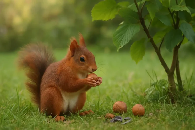 Écureuil roux dans un jardin en train de manger une noisette