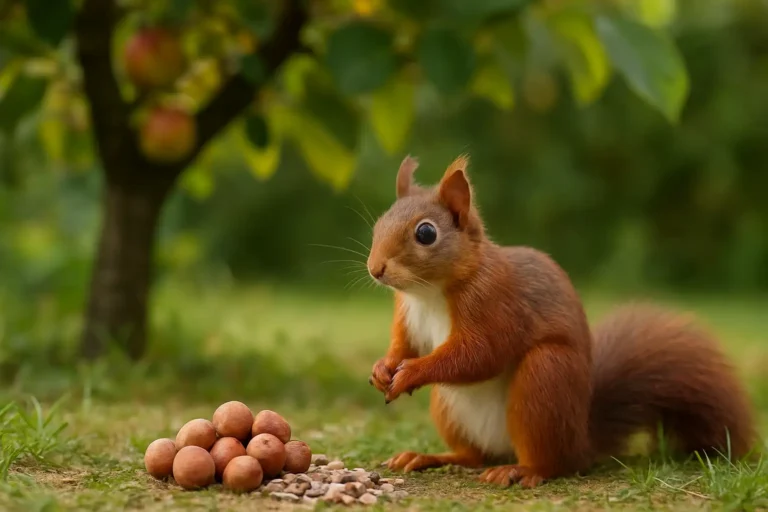 Écureuil roux dans un jardin près de noisettes et de graines