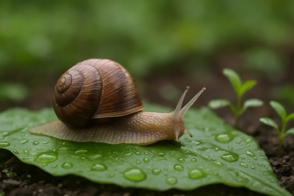 Escargot terrestre sur une feuille verte humide dans un jardin