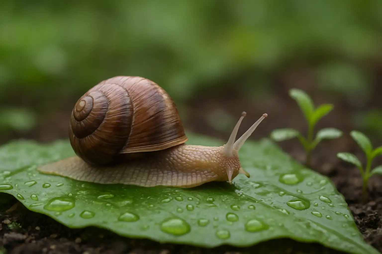 Escargot terrestre sur une feuille verte humide dans un jardin
