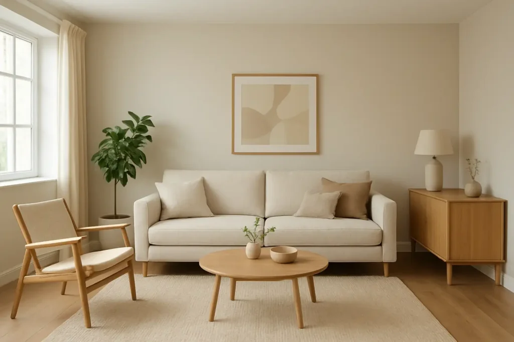 Salon de maison modernisé dans un esprit revamping, avec décoration sobre et ambiance lumineuse